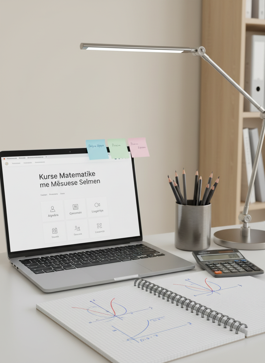 A neatly organized student study desk set against a light-colored wall, featuring an open laptop displaying a clean, minimalist math learning platform interface in Albanian, with a visible header reading “Kurse Matematike me Mësuese Selmen”. Beside the laptop sits a graph paper notebook filled with carefully drawn functions and coordinate planes, along with a scientific calculator, a metal cup of sharpened pencils, and color-coded sticky notes. Soft, cool-toned LED desk lighting casts an even glow across the workspace, while a faint, blurred bookshelf in the background suggests additional resources. Photographic realism, slightly elevated camera angle, moderate depth of field, creating a focused, modern, and professional online learning atmosphere.
