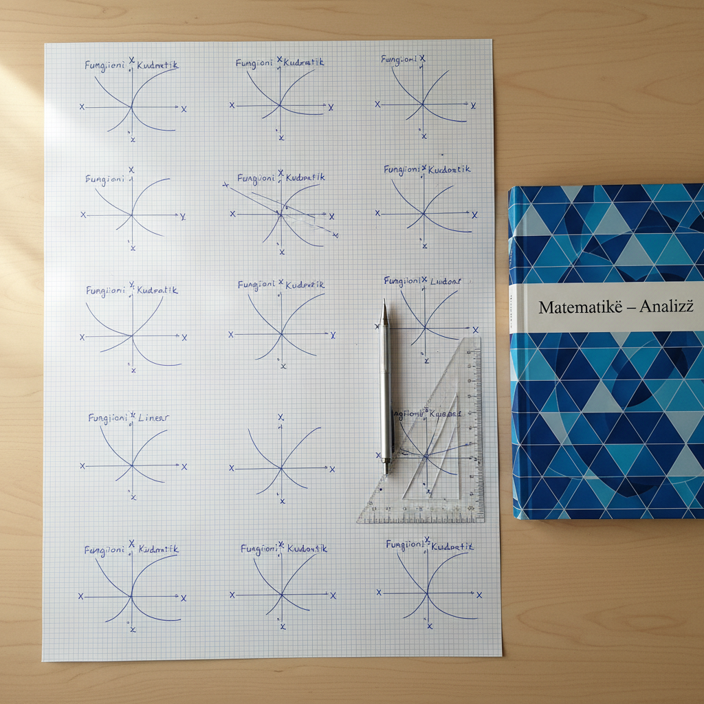 A photographic top-down view of a large sheet of graph paper spread across a tidy desk, densely filled with carefully drawn coordinate planes, quadratic curves, and linear functions, each graph labeled in Albanian with clean handwriting. A mechanical pencil rests along one axis, while a transparent triangle ruler aligns with another. To the side, a closed math textbook with the title “Matematikë – Analizë” lies parallel to the paper, its cover featuring abstract geometric patterns. Soft natural daylight from a nearby window creates a gentle gradient of light across the paper, with crisp, delicate shadows from the tools. The mood is focused and methodical, illustrating deep practice and understanding of functions and graphing.