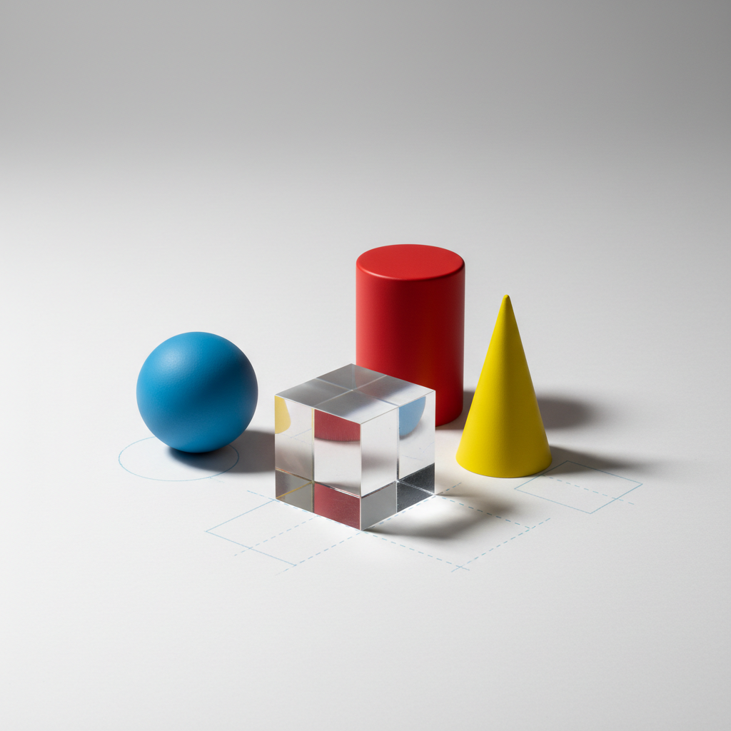 A minimalist, photographic composition of several geometric solids arranged on a smooth white surface: a clear acrylic cube, a matte blue sphere, a yellow cone, and a red cylinder, each casting soft, distinct shadows. On the surface beneath them, faint printed grid lines and light pencil sketches of their corresponding 2D projections can be seen. Neutral, diffused studio lighting from above creates gentle highlights on the shapes’ edges and curves without harsh reflections. The background is a seamless pale gray, keeping full attention on the objects. Captured at eye level with balanced framing and sharp focus, the scene conveys precision, clarity, and the foundational beauty of geometry suitable for a professional math course site.