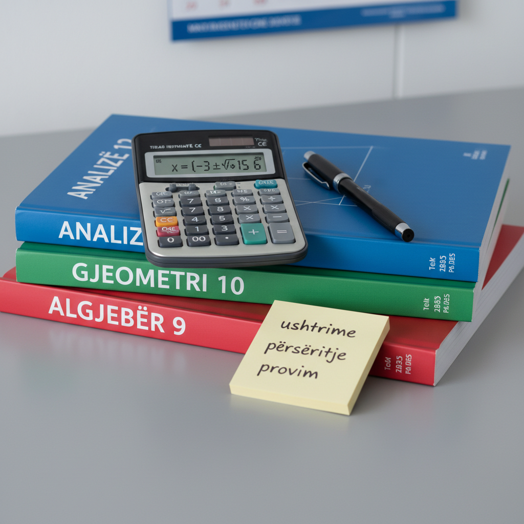 A high-resolution, photographic close-up of a scientific calculator placed on a neatly stacked pile of math workbooks labeled in Albanian, such as “Algjebër 9”, “Gjeometri 10”, and “Analizë 12”. The calculator screen displays a solved equation, while a fine-tip pen rests diagonally across the topmost book, pointing toward a small sticky note with handwritten reminders like “ushtrime”, “përsëritje”, and “provim”. The stack sits on a smooth, light gray desk surface with minimal distractions. Cool, even desk lighting from above provides clear visibility of every detail, creating a crisp, organized, and studious atmosphere well-suited for a professional mathematics education website.