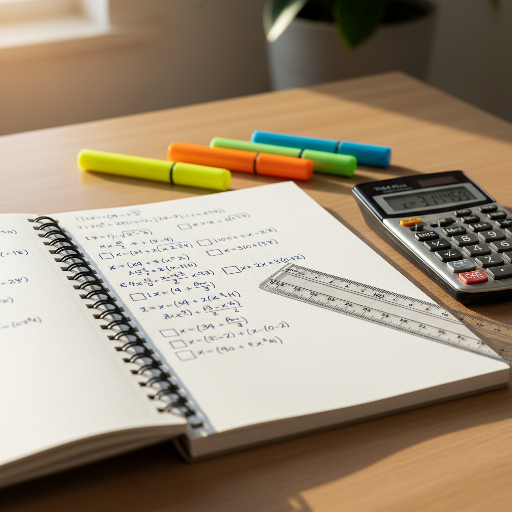 A close-up, photographic image of an open spiral-bound notebook laid flat on a smooth, light wood table, its crisp white pages filled with carefully aligned math problems, solution steps, and neatly boxed final answers written in dark ink. A transparent ruler lies diagonally across one page, next to a scientific calculator displaying a result, and a set of color-coded highlighters arranged precisely at the top of the frame. Soft morning daylight from a nearby window gently illuminates the scene, producing subtle shadows and a calm, focused atmosphere. Shot from a slightly elevated angle with shallow depth of field, focusing on the written mathematics while softly blurring the table edge, conveying concentration, clarity, and structured learning.