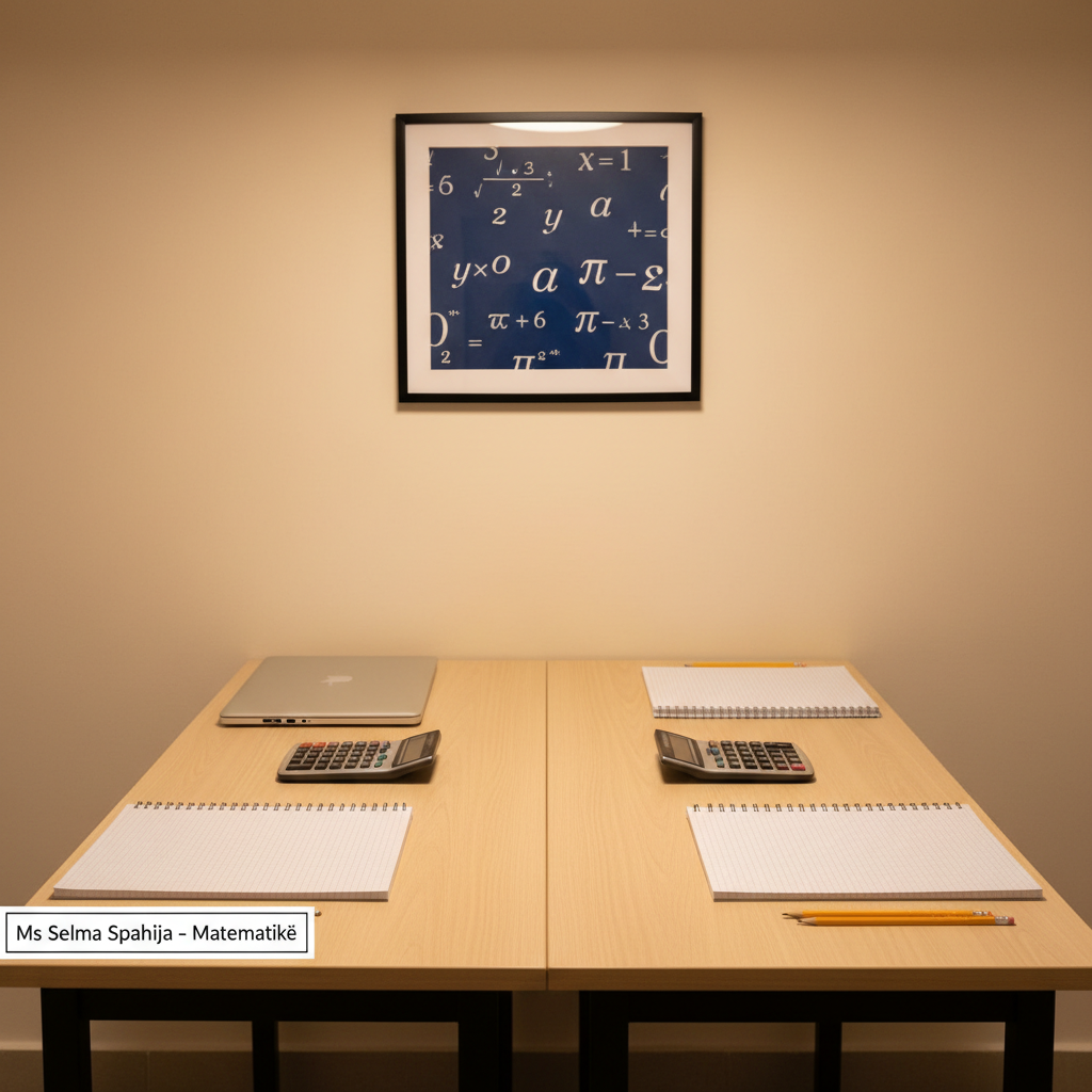 A dedicated tutoring corner featuring a small, light wood table with two facing sides cleared, and the tabletop meticulously arranged with matching sets of materials: pairs of identical graph paper notebooks, scientific calculators, and sharpened pencils, suggesting one-on-one instruction without showing people. A slim laptop stands closed at one edge, with a visible label reading “Ms. Selma Spahija – Matematikë”. Behind the table, a neutral-colored wall hosts a single framed print of abstract mathematical symbols and Greek letters. Warm, indirect overhead lighting creates an inviting, professional ambiance. Photographic realism, eye-level composition with symmetrical framing, conveying a welcoming, structured environment for personalized math courses.