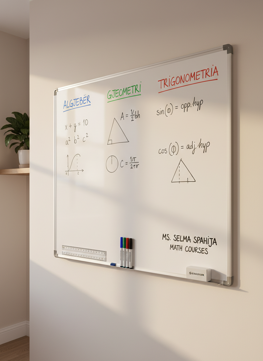 An elegant, wall-mounted whiteboard in a quiet study room, featuring a clearly structured math lesson outline written in tidy handwriting: headings like “Algjebër”, “Gjeometri”, and “Trigonometria” in different marker colors, each accompanied by simple formulas and diagrams. A magnetic ruler, colorful markers, and a small eraser rest on a slim metal ledge beneath. The surrounding walls are painted a soft neutral tone, with a single potted plant on a distant shelf providing a touch of green. Natural afternoon light from a side window creates soft highlights along the whiteboard surface. Photographic realism, eye-level composition with rule-of-thirds framing, conveying an organized, professional, and approachable learning environment for Ms. Selma Spahija’s math courses.